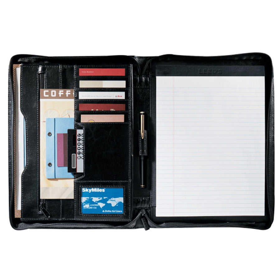 Leed's Black Renaissance Italian Style Leather Zippered Padfolio with FSC Mix Paper