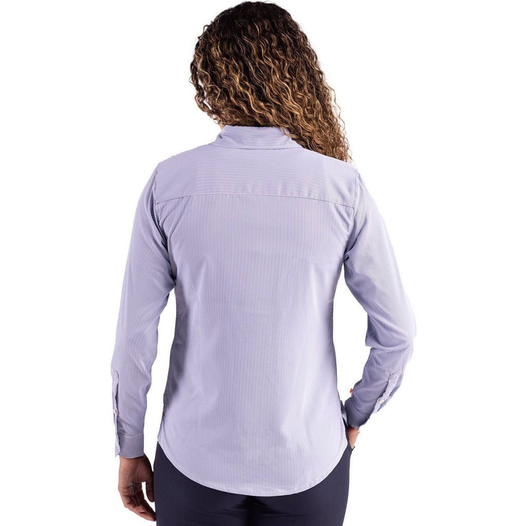 Cutter & Buck Women's Tour Blue/White Skyline Epic Confidence Recycled Pinstripe Long Sleeve Dress Shirt