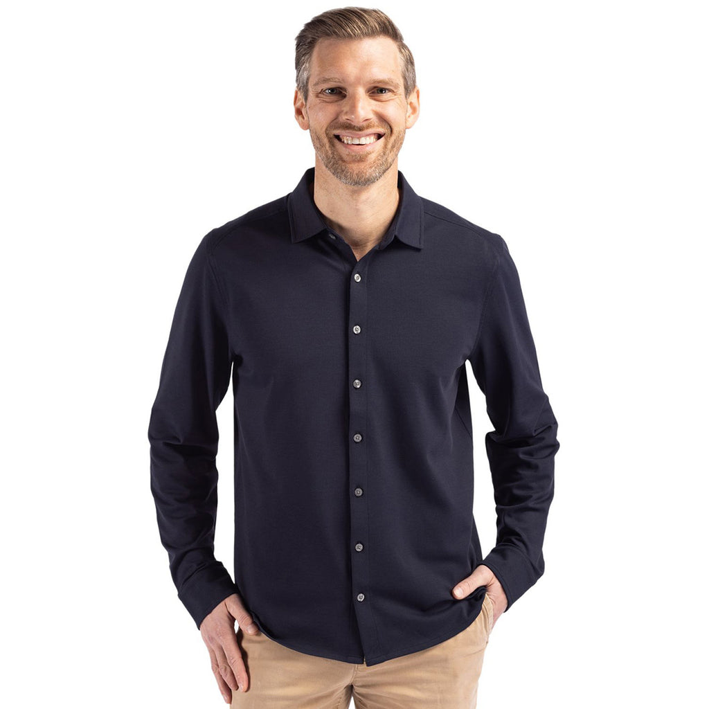 Cutter & Buck Men's Liberty Navy Advantage Tri-Blend Eco Soft Pique Long Sleeve Knitted Button Down