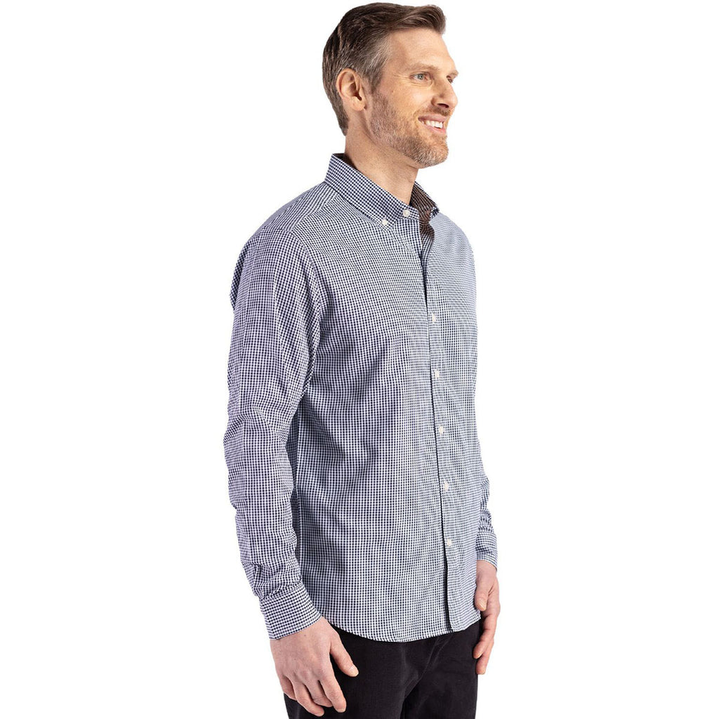Cutter & Buck Men's Navy Blue/White Skyline Epic Confidence Recycled Gingham Long Sleeve Dress Shirt