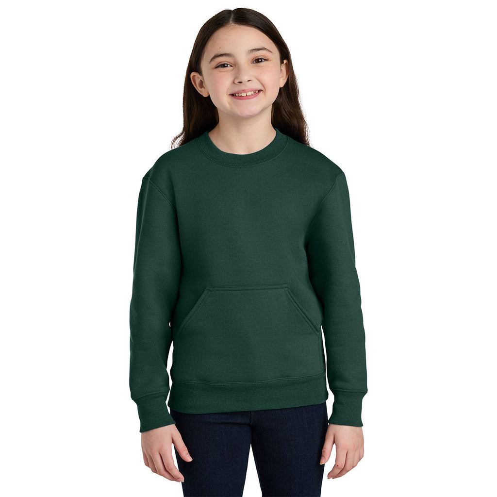 Port & Company Youth Dark Green Core Fleece Crewneck Pocket Sweatshirt