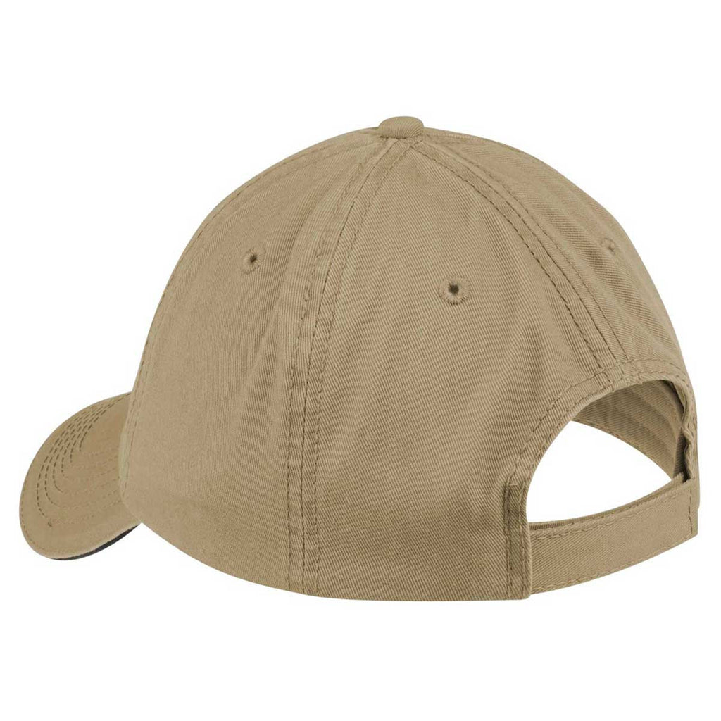 Port & Company Khaki/Black Washed Twill Sandwich Bill Cap