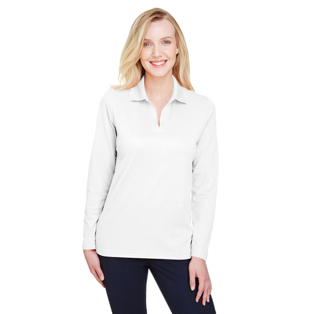 Devon & Jones Women's White CrownLux Performance Plaited Long Sleeve Polo