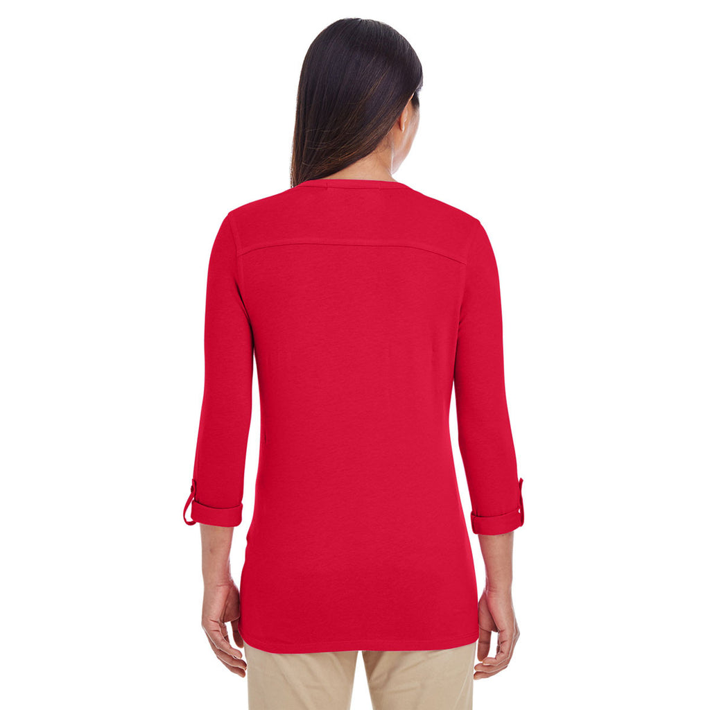 Devon & Jones Women's Red Perfect Fit Y-Placket Convertible Sleeve Knit Top