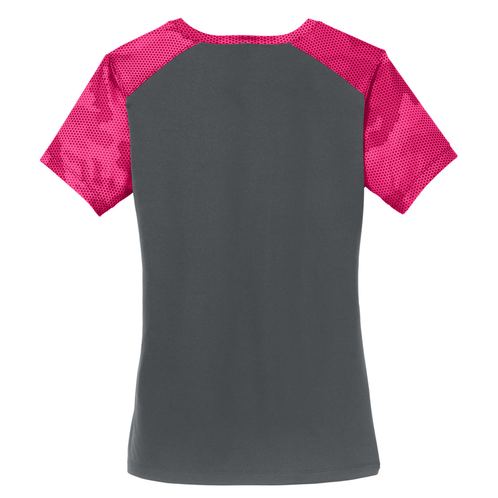 Sport-Tek Women's Iron Grey/Pink Raspberry CamoHex Colorblock V-Neck Tee