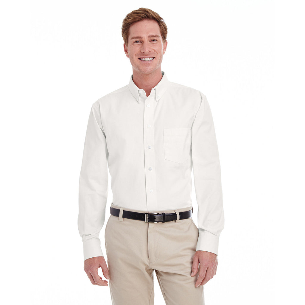 Harriton Men's White Foundation 100% Cotton Long-Sleeve Twill Shirt with Teflon