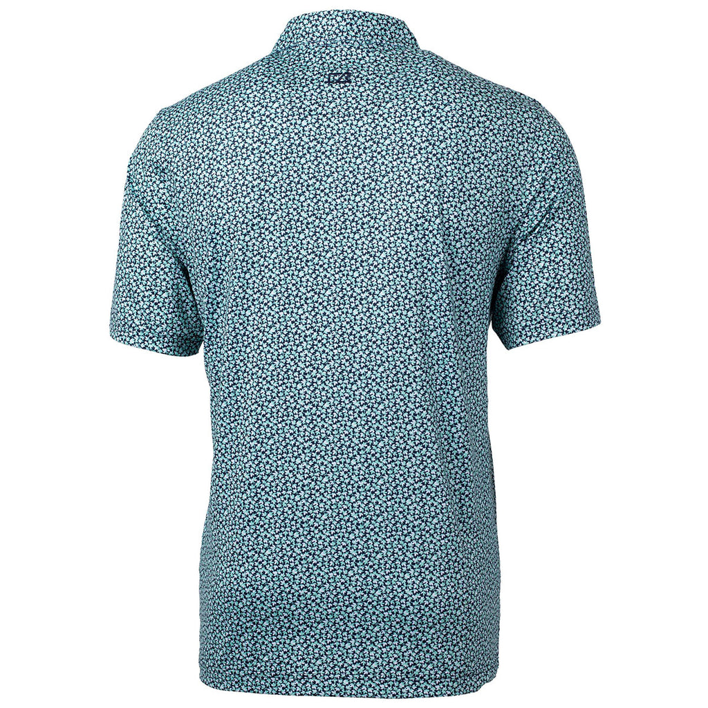 Cutter & Buck Men's Fresh Mint/Navy Blue Pike Magnolia Print Stretch Polo