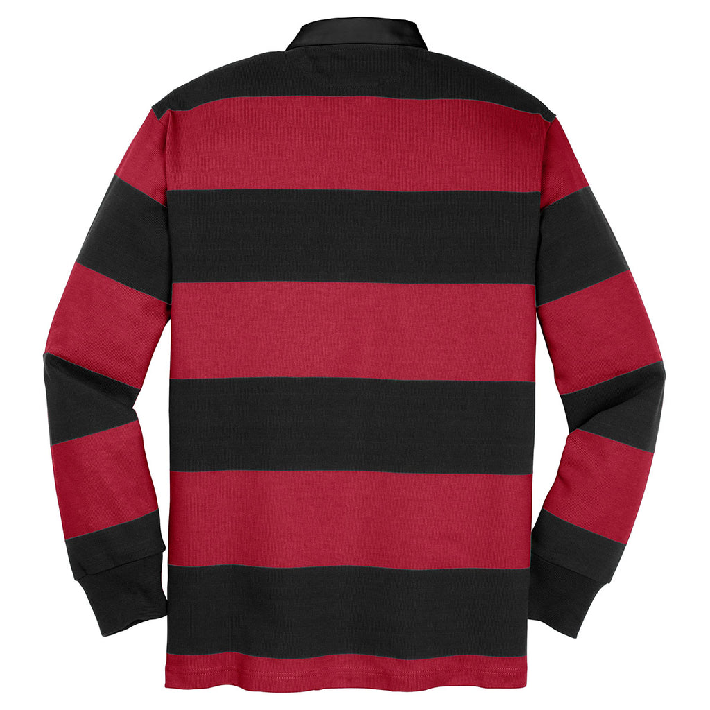 Sport-Tek Men's Black/Deep Red Long Sleeve Rugby Polo