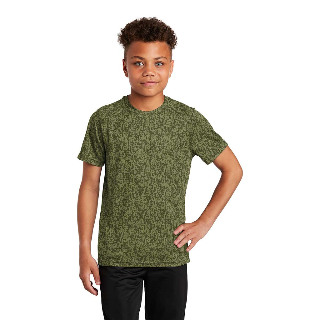 Sport-Tek Youth Olive Drab Green PosiCharge Digi Camo Short Sleeve Tee